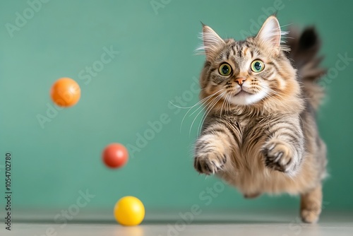 Playful cat leaping towards colorful balls against a green background. photo