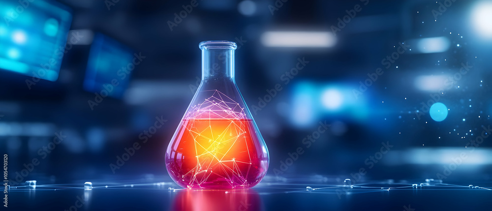 Innovative laboratory scene with a glowing flask containing red liquid, symbolizing scientific research and discovery.