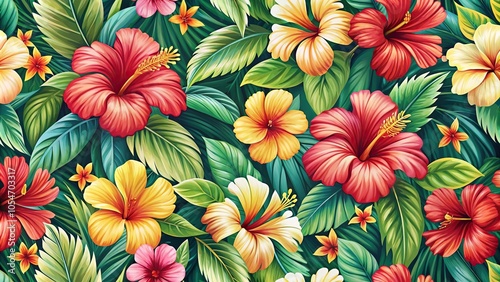 Seamless Hawaiian floral backdrop featuring hibiscus Point of View