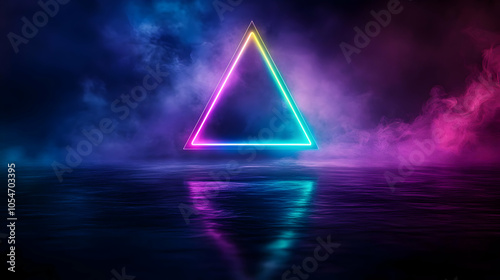 A vibrant neon triangle glowing in colorful fog over a reflective surface. photo