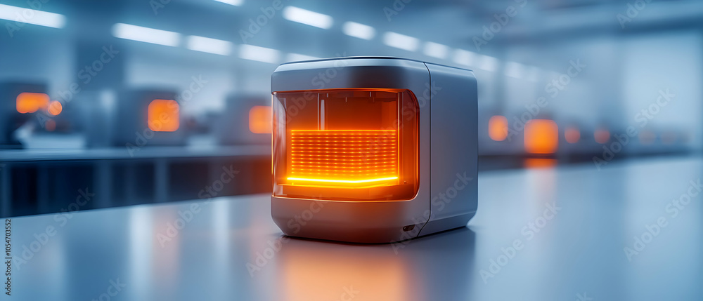 Compact electric heater with warm glowing elements, set against a blurred industrial background. Compact electric heater with warm glowing elements, set against a blurred industrial background.