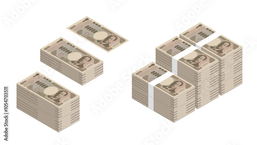 bundle of of new 10000 Japanese yen banknote wad with currency strap set, isometric