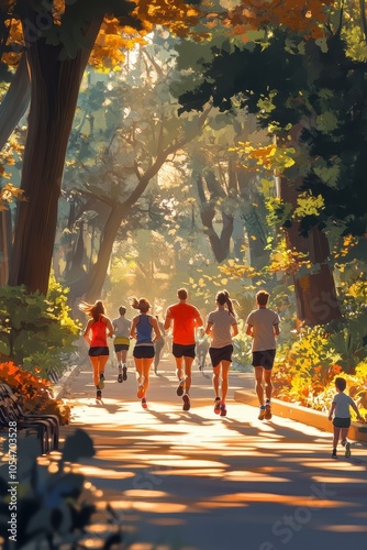 Energetic Friends and Families Enjoying Morning Jog in a Sunlit Park