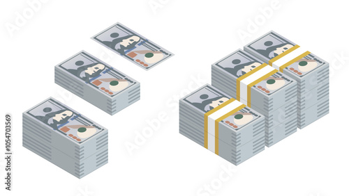bundle of of new 100 dollar banknote wad with currency strap set, isometric
