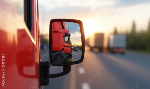 Red truck reflected in side mirror on a highway at sunset. photo