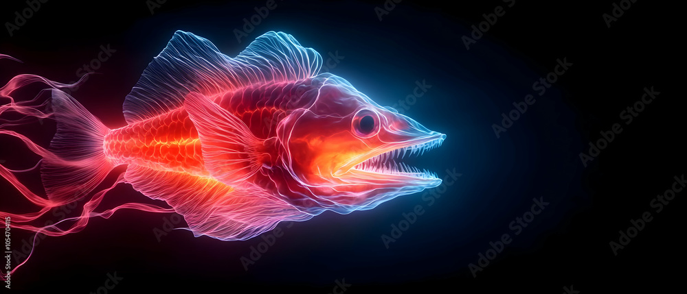 Vibrant glowing fish illustration showing intricate details against a dark background. Vibrant glowing fish illustration showing intricate details against a dark background.