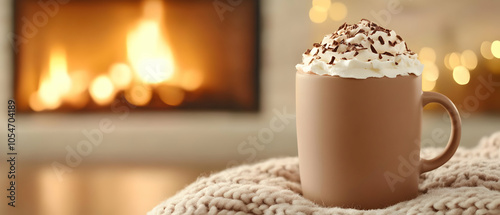 A cozy mug of hot chocolate topped with whipped cream and chocolate shavings, set against a warm, glowing fireplace.