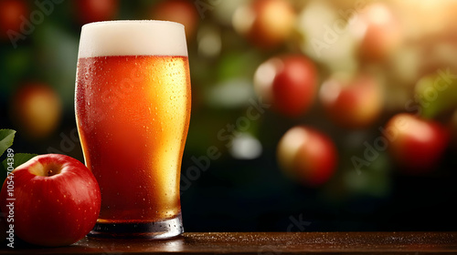 A refreshing apple cider in a glass, accompanied by a fresh apple, set against a blurred apple orchard background. photo