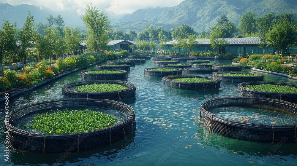Fototapeta premium Serene water garden with circular plant beds and mountains in background.
