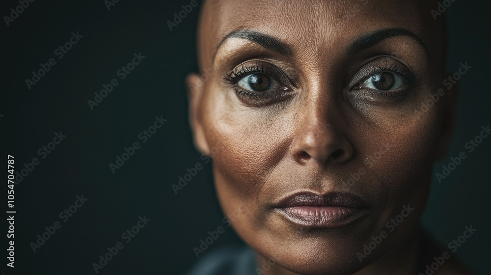 Portrait of a dark-skinned woman suffering from cancer after severe hair loss due to chemotherapy treatment Portrait of a dark-skinned woman suffering from cancer after severe hair loss due to chemotherapy treatment