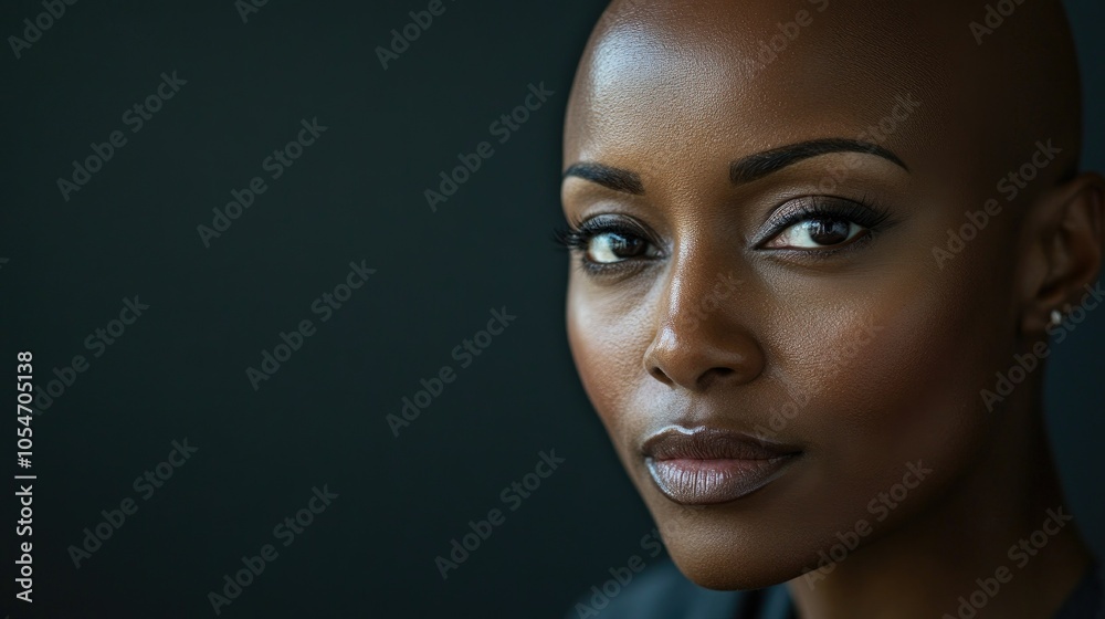 Portrait of a dark-skinned woman suffering from cancer after severe hair loss due to chemotherapy treatment Portrait of a dark-skinned woman suffering from cancer after severe hair loss due to chemotherapy treatment