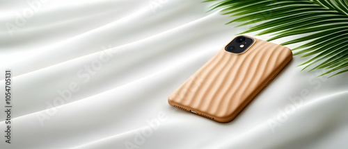 Stylish smartphone case on a soft fabric surface with a tropical leaf, adding a touch of elegance to modern tech. photo