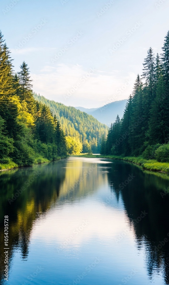 Tranquil river reflecting a lush green forest and blue sky. Tranquil river reflecting a lush green forest and blue sky.