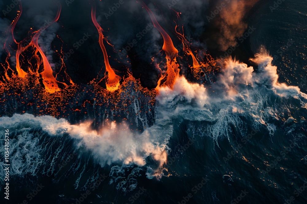 Underwater volcanic eruption process. Landscape of volcano with exploding and flowing lava and magma under the sea. Hot volcanic magma eruption and exploding with smoke infernal. Natural disaster Underwater volcanic eruption process. Landscape of volcano with exploding and flowing lava and magma under the sea. Hot volcanic magma eruption and exploding with smoke infernal. Natural disaster