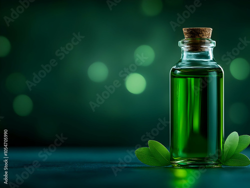 Green herbal oil in a glass bottle with a cork top, surrounded by fresh leaves on a blurred green background.