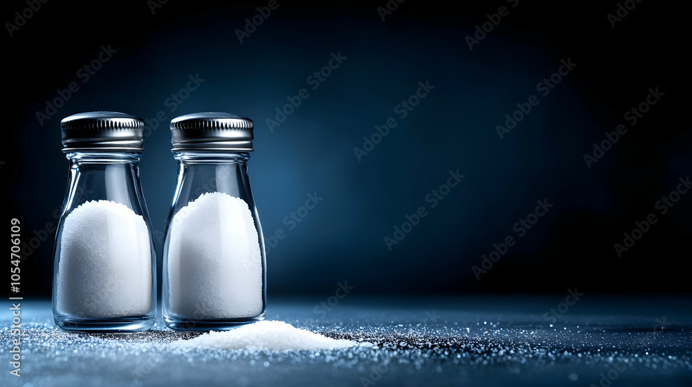 Two salt shakers on a dark background, spilling a little salt, creating a minimalistic culinary scene. Two salt shakers on a dark background, spilling a little salt, creating a minimalistic culinary scene.
