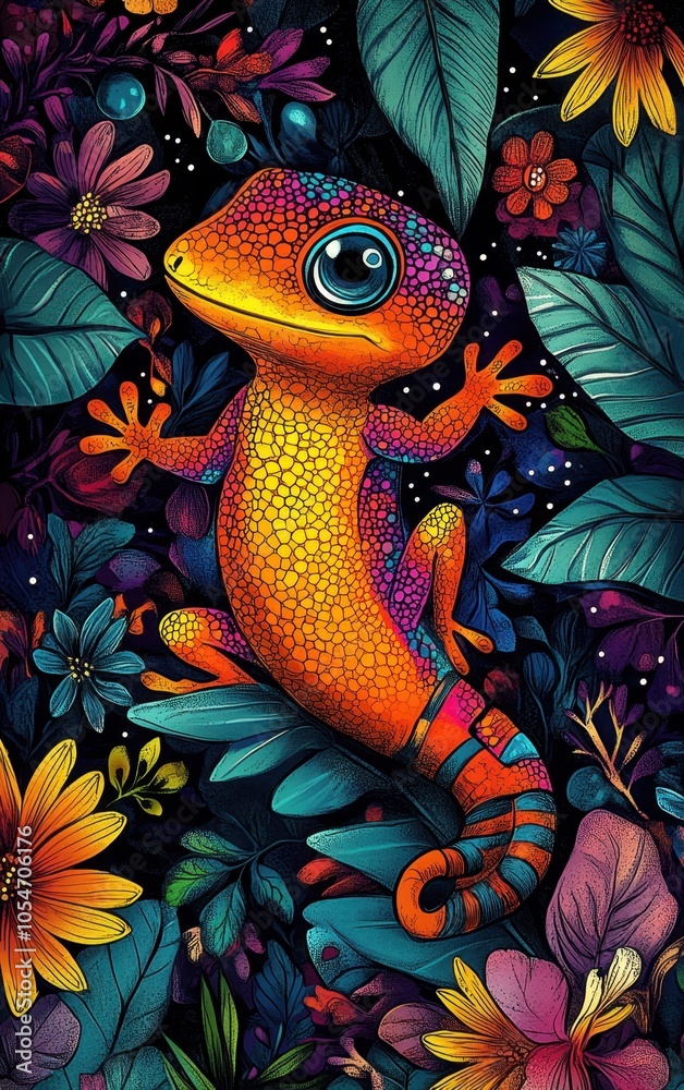 Vibrant Gecko on Colorful Jungle Background	