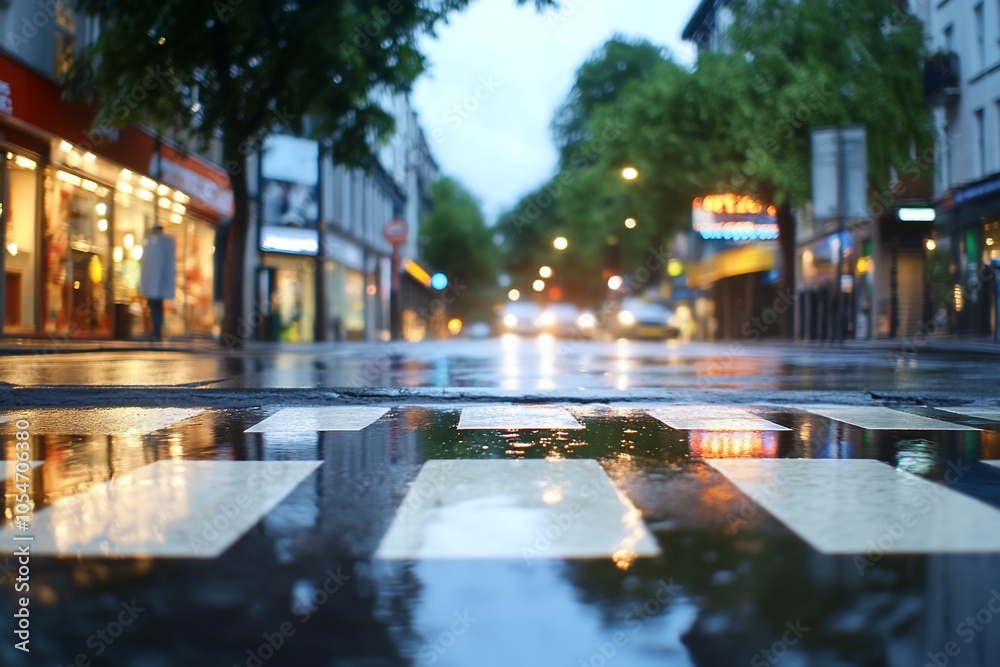 Wet crosswalk on a rainy city street at dusk. Wet crosswalk on a rainy city street at dusk.