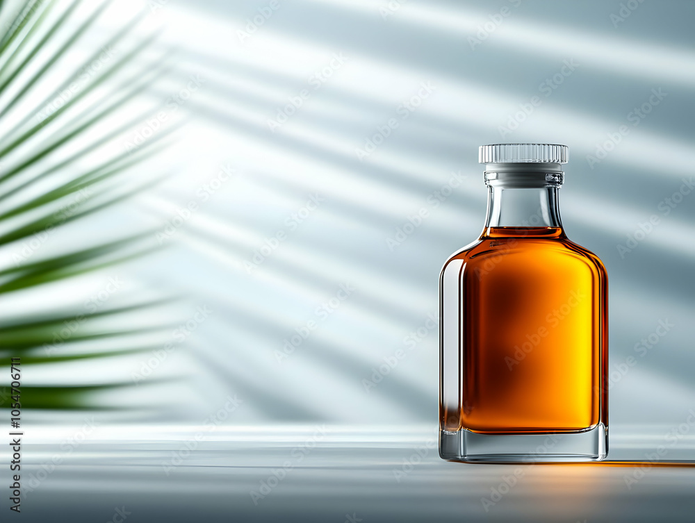 A glass bottle filled with amber liquid, elegantly placed on a light surface with soft shadows and a hint of foliage in the background. A glass bottle filled with amber liquid, elegantly placed on a light surface with soft shadows and a hint of foliage in the background.