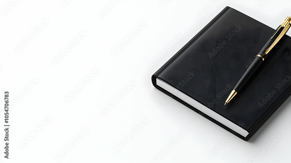 A sleek black notebook with a golden pen on a white background, symbolizing organization and productivity. A sleek black notebook with a golden pen on a white background, symbolizing organization and productivity.