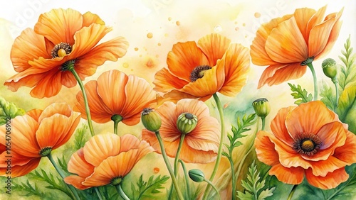 Vibrant watercolor painting of orange poppy flowers with detailed petals and green leaves, Orange poppy, Flowers