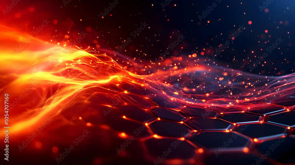Abstract futuristic waves in red and orange with a hexagonal pattern background. Abstract futuristic waves in red and orange with a hexagonal pattern background.