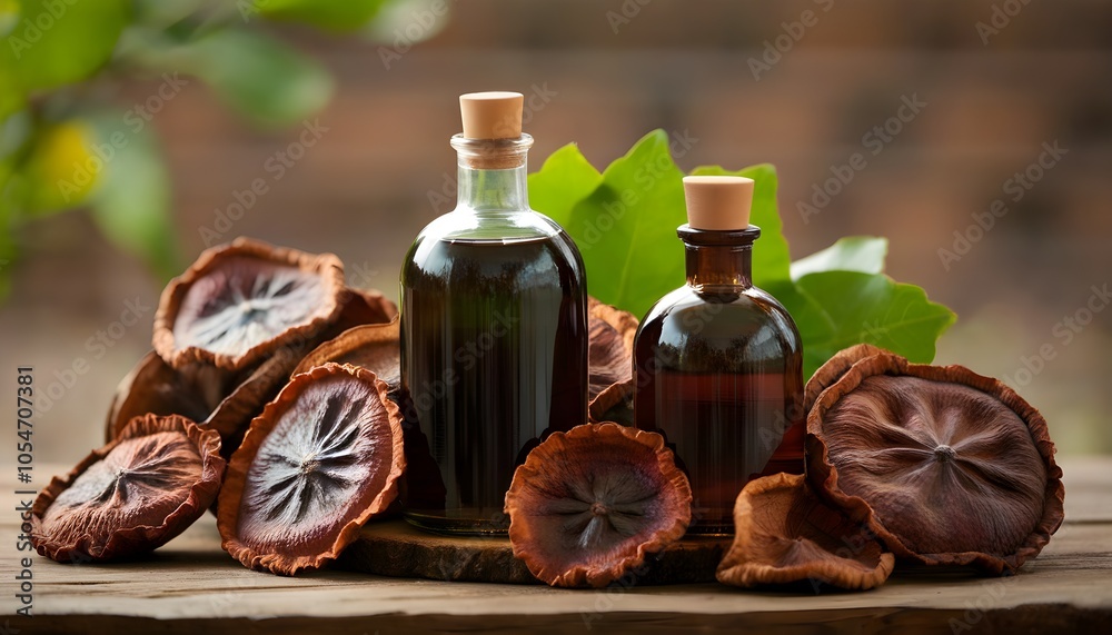 Grape extract in dark glass bottle with fresh grapes and green leaves on rustic wooden table in serene natural setting