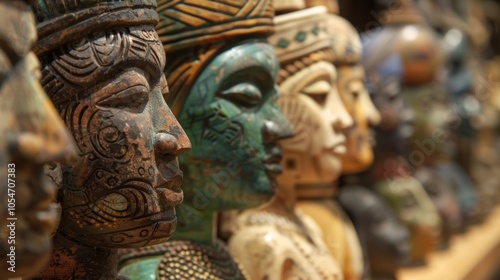 Several colorful wooden african statues with intricate carvings are lined up in a row, showcasing the craftsmanship and artistry of the culture