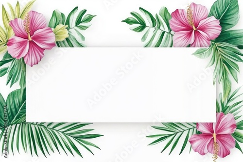 Watercolor illustration of pink hibiscus flowers with green leaves surrounding a white rectangle.