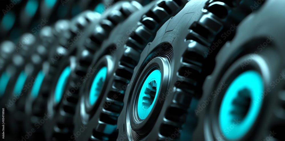 Fototapeta premium Close-up of a row of black gears with blue centers, creating a repeating pattern.