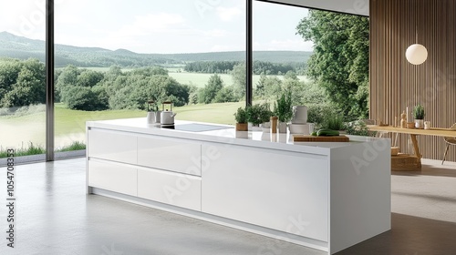 Modern White Kitchen with Scenic View and Greenery