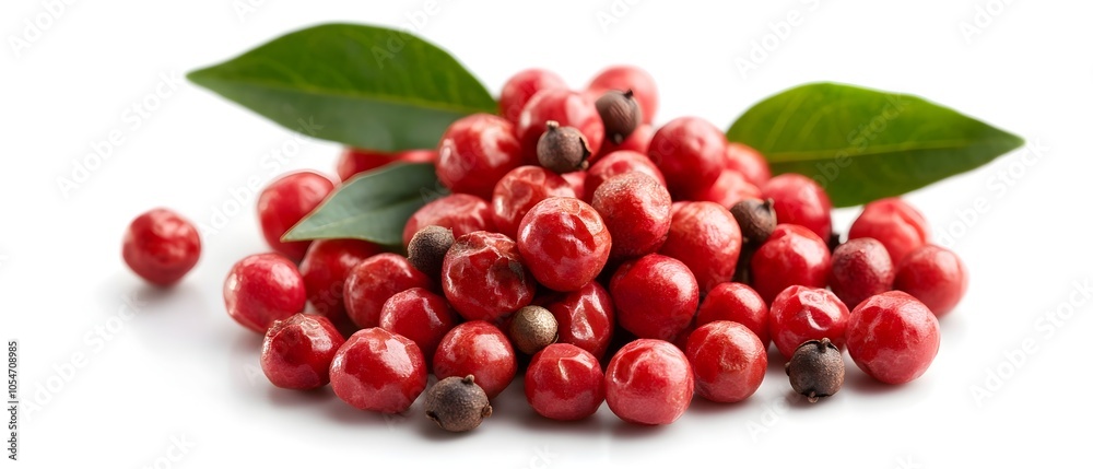 Scattered pink peppercorns on a clean white background showcasing the vibrant peppery and aromatic nature of this gourmet culinary ingredient The image highlights the detailed texture color Scattered pink peppercorns on a clean white background showcasing the vibrant peppery and aromatic nature of this gourmet culinary ingredient The image highlights the detailed texture color