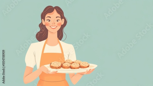 Smiling retro housewife in a classic apron holding a tray of homemade cookies, embodying vintage charm and traditional homemaker values.
