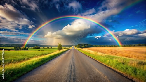 Panoramic view of a country road stretching towards a beautiful rainbow in the sky, country road, panorama, landscape