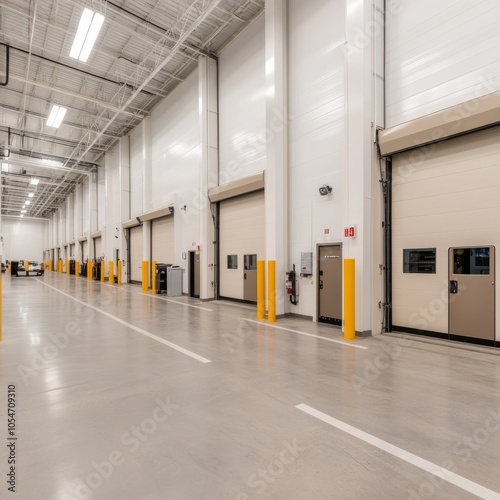 A spacious industrial loading dock with multiple garage doors and clear flooring.