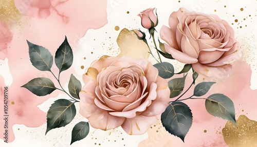 An abstract background featuring a soft, dusty blush pink watercolor effect, enhanced by delicate golden splatters for a luxurious touch. Subtle, artistic illustrations of roses are gently woven into  photo