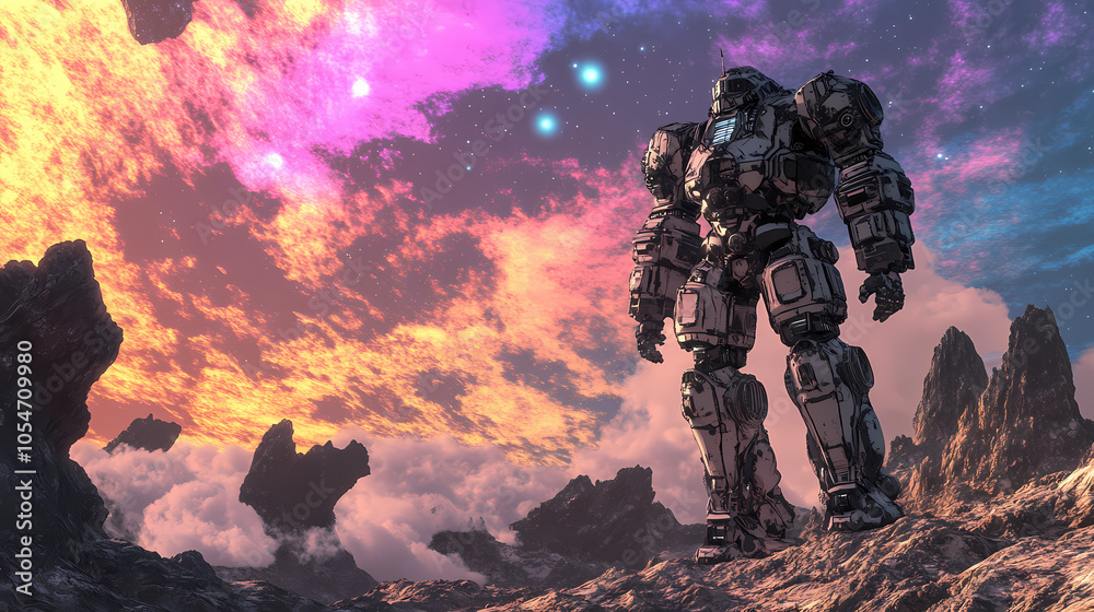 A futuristic mech suit standing on the surface of an alien planet, with strange rock formations and colorful skies. Mech Suits. Illustration A futuristic mech suit standing on the surface of an alien planet, with strange rock formations and colorful skies. Mech Suits. Illustration