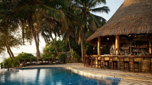 Serene Poolside Bar Surrounded by Lush Tropical Nature