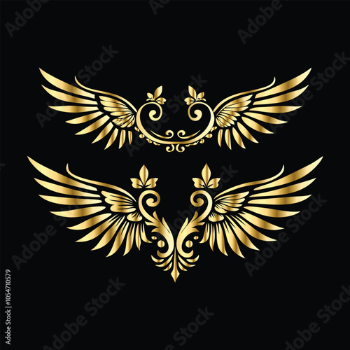 Royal Gold Wing Collection: Vintage Angel, Bird & Cupid Wing Icons in Decorative Black & Gold Frames, Perfect for Elegant Logos, Icon Sets, and Ornamental Designs
