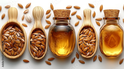 Two glass bottles of flaxseed oil, with two wooden spoons filled with flaxseeds, and scattered flaxseeds on a white background.
