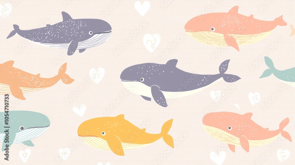 Colorful whales with hearts on a pastel background. Colorful whales with hearts on a pastel background.