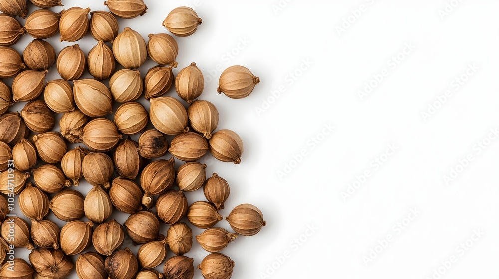 Coriander seeds arranged in a natural and pattern showcasing their warm earthy colors and textures against a clean white background Coriander seeds arranged in a natural and pattern showcasing their warm earthy colors and textures against a clean white background