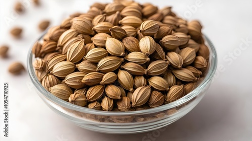 Beautifully arranged coriander seeds in a glass bowl on a clean white background The warm earthy tones of the coriander contrast with the plain minimalist setting