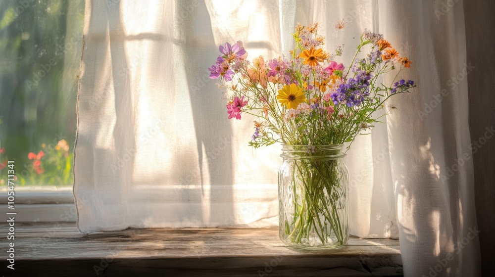A charming display of colorful wildflowers in a glass jar, with sunlight filtering through nearby A charming display of colorful wildflowers in a glass jar, with sunlight filtering through nearby