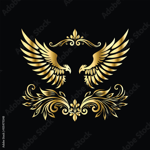 Royal Gold Wing Collection: Vintage Angel, Bird & Cupid Wing Icons in Decorative Black & Gold Frames, Perfect for Elegant Logos, Icon Sets, and Ornamental Designs 