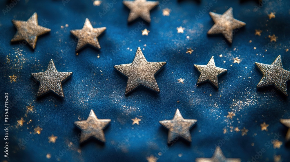 Metallic Gold Stars on a Blue Sparkling Background Metallic Gold Stars on a Blue Sparkling Background