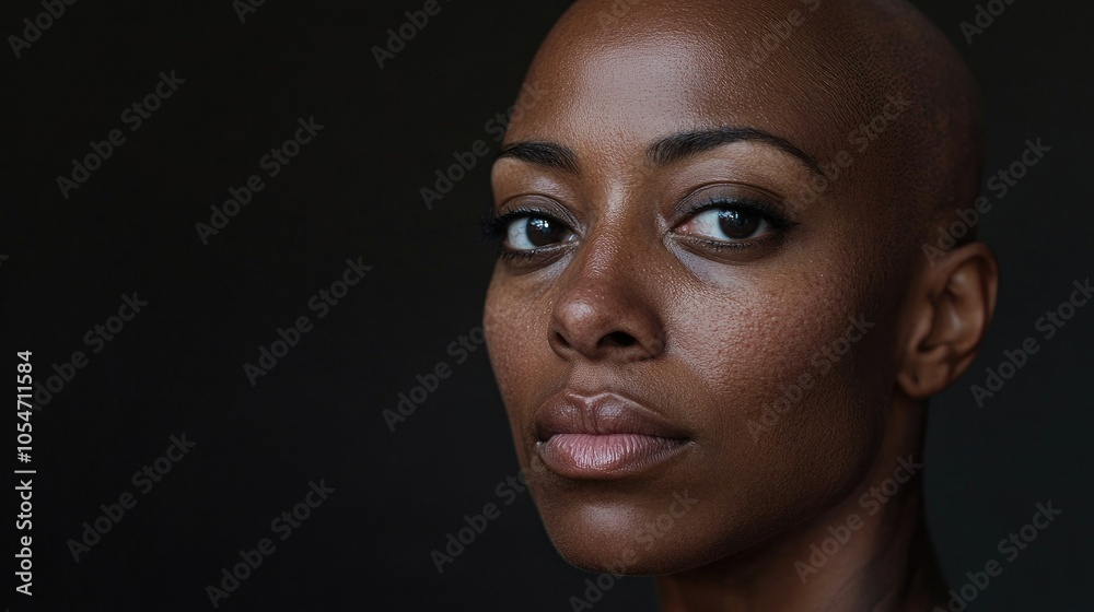 Portrait of a dark-skinned woman suffering from cancer after severe hair loss due to chemotherapy treatment