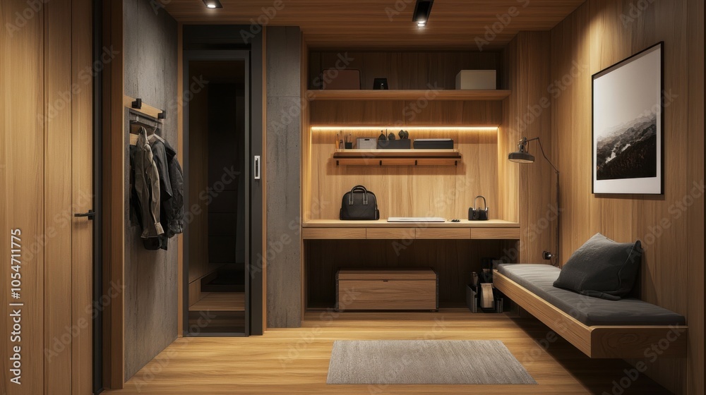 A contemporary wooden entrance hallway with a cozy feel, featuring a minimalist furniture desk, A contemporary wooden entrance hallway with a cozy feel, featuring a minimalist furniture desk,