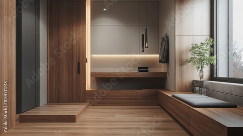 A contemporary entrance hallway with wooden tones, including a minimalist furniture desk