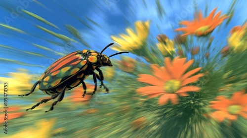 A colorful beetle in flight, flying over a blurred background of orange daisies and green grass. photo